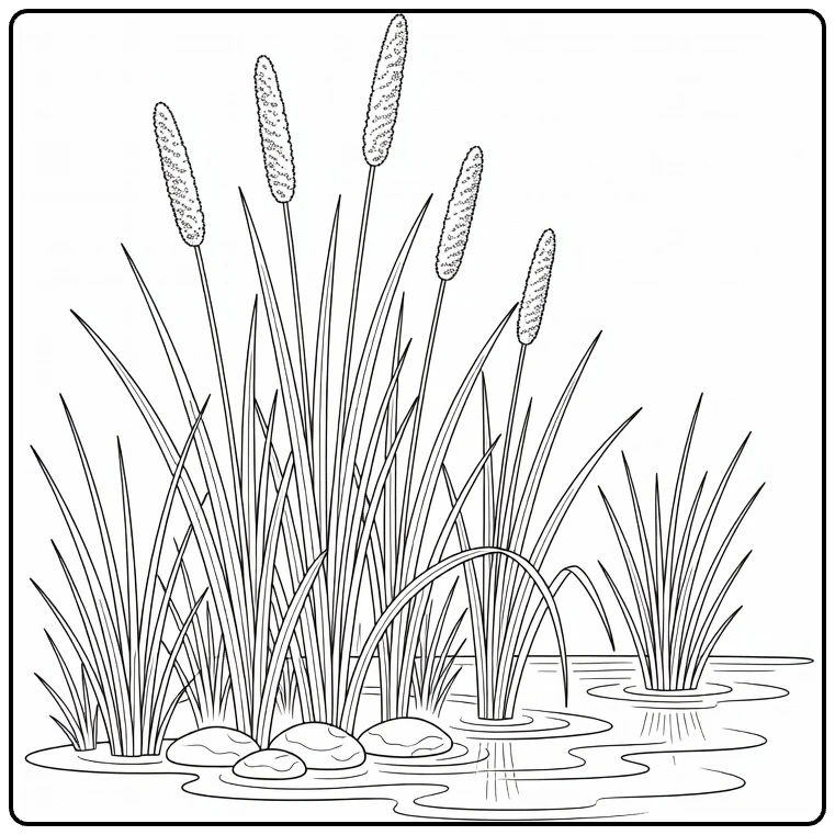 Waterplanten Kleurplaat moeras met biezen en stenen