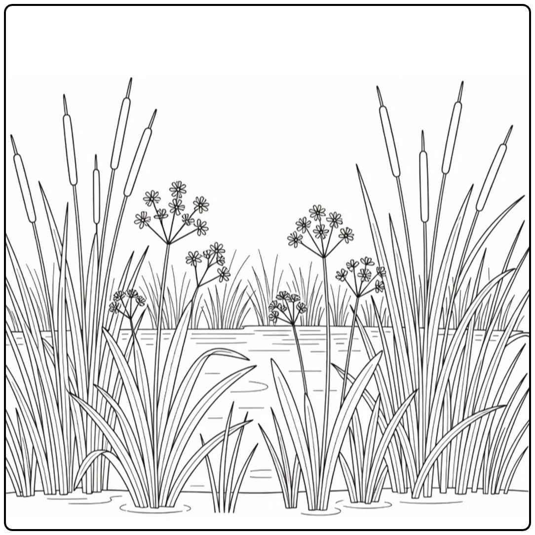 Waterplanten Kleurplaat met riet en bloeiende planten