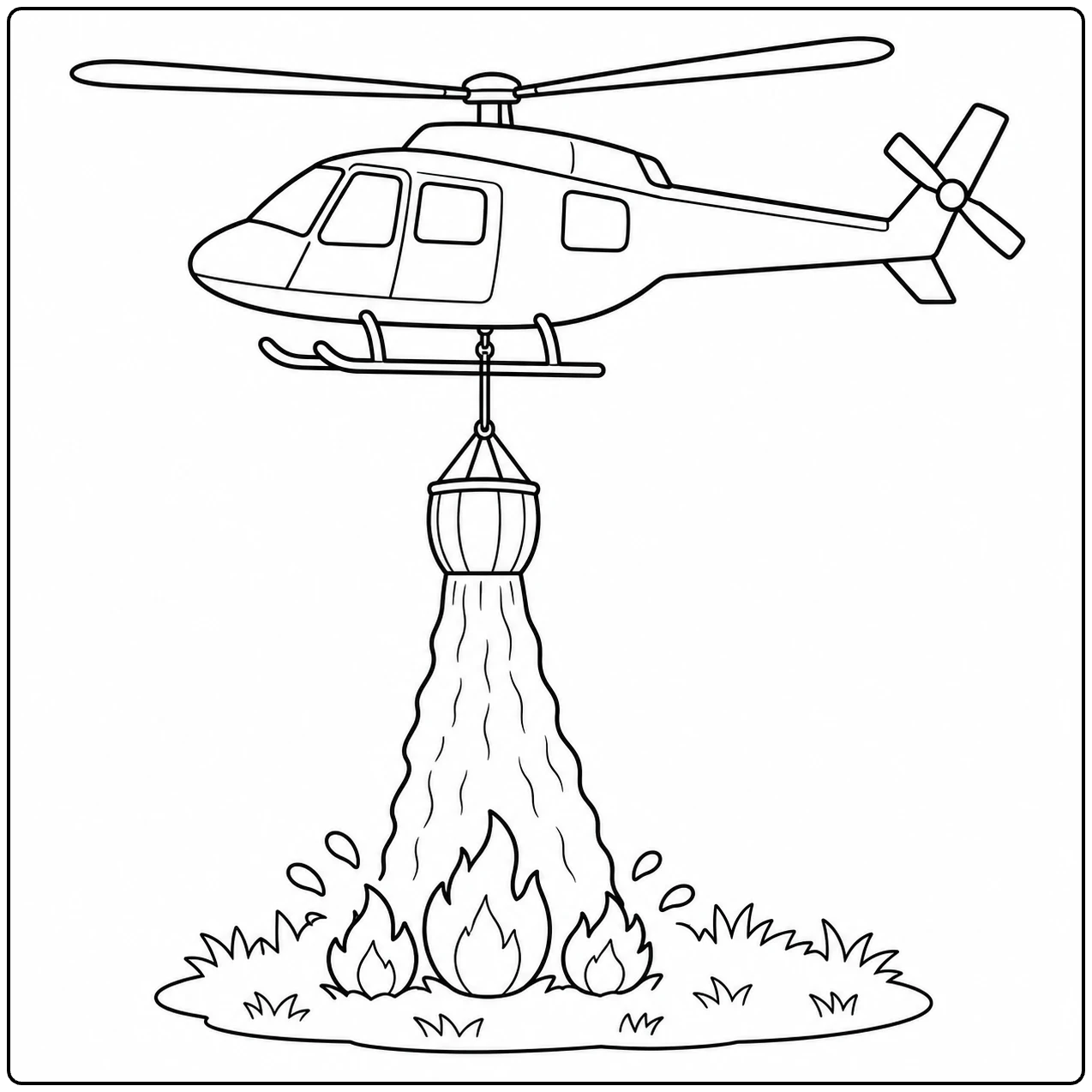 Helikopter laat een brede waterstraal neer op een klein vuur in het gras