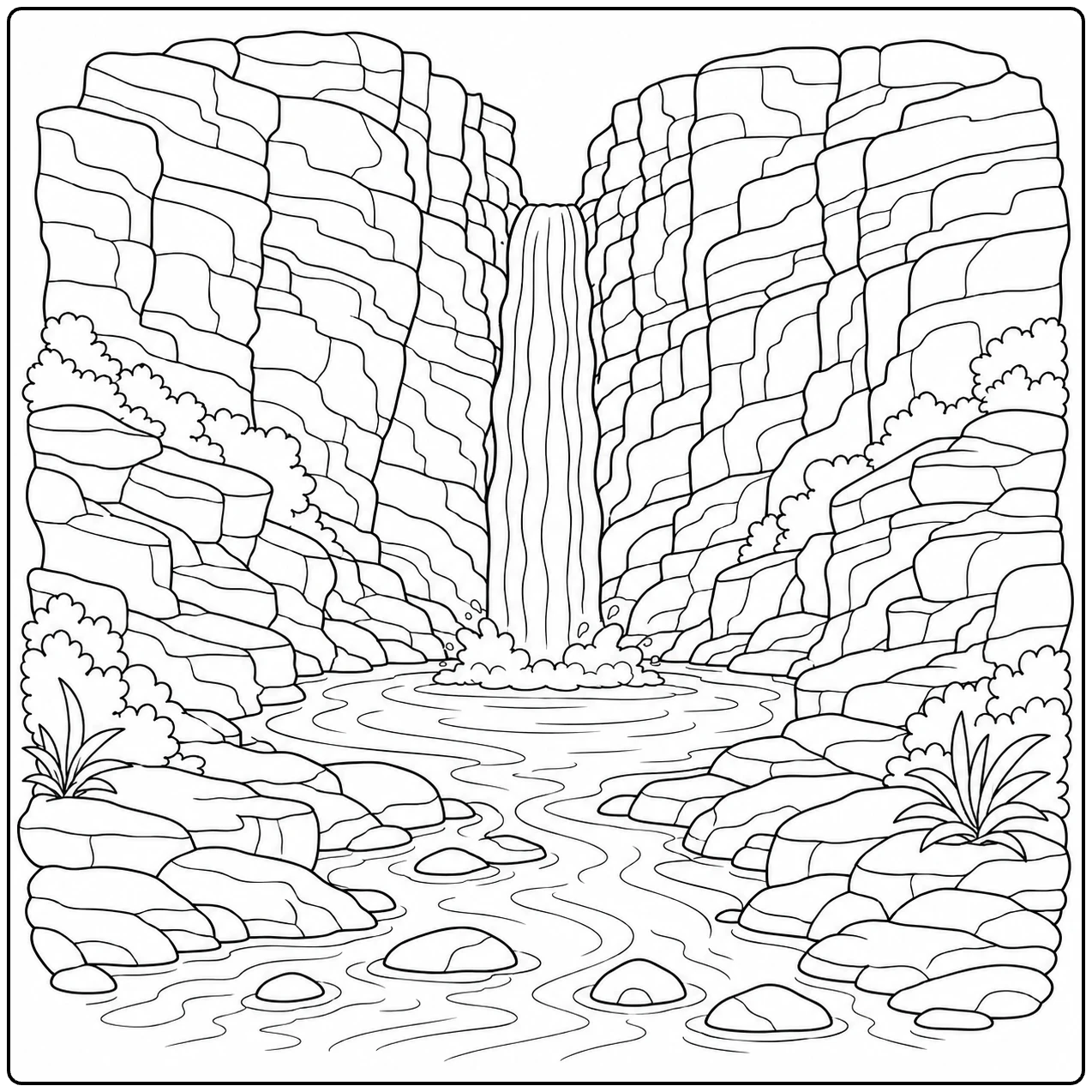 Waterval in een diepe kloof met rotswanden en beekstenen, geschikt als Waterval Kleurplaat