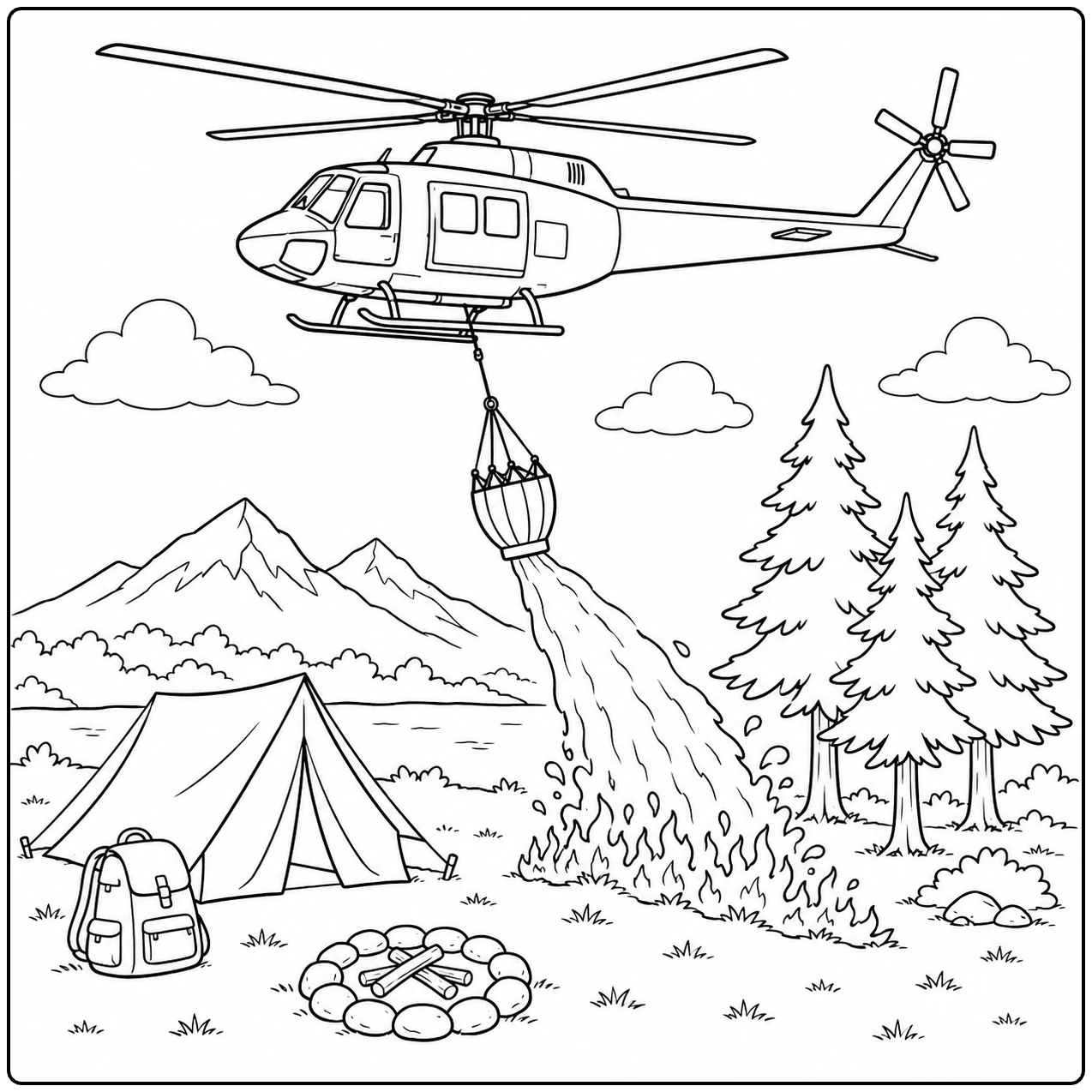 Helikopter met waterzak vliegt boven een tent, kampvuur en bergachtig naaldbos