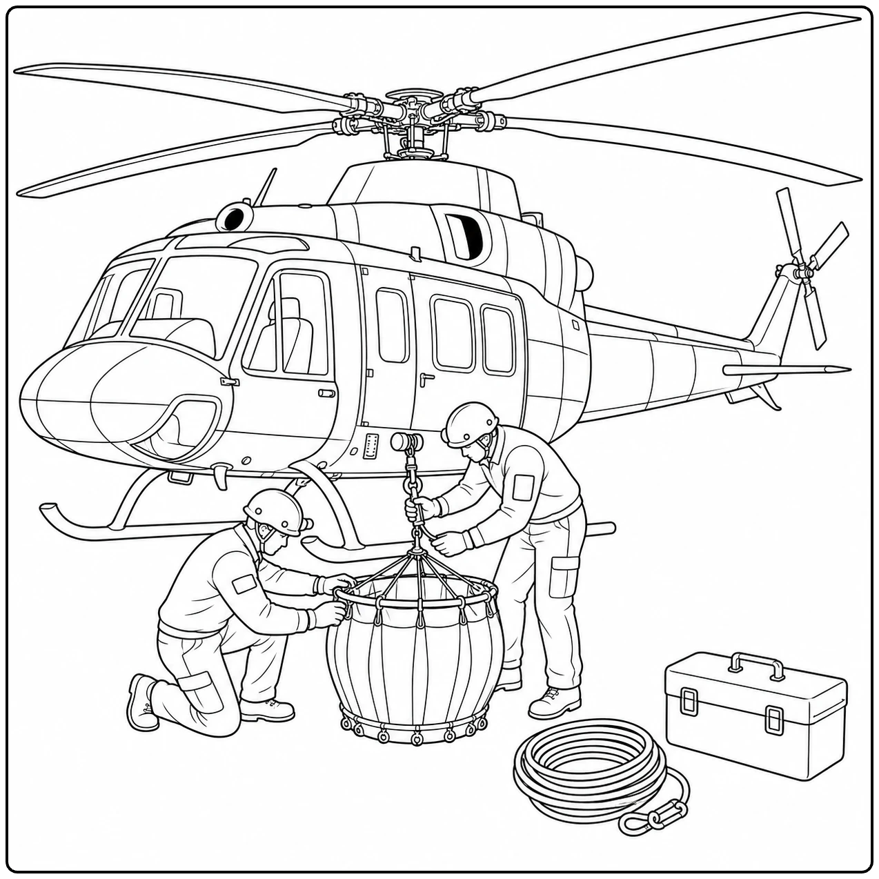 Brandweerlieden controleren de waterzak naast een helikopter, met brandslang en gereedschapskist