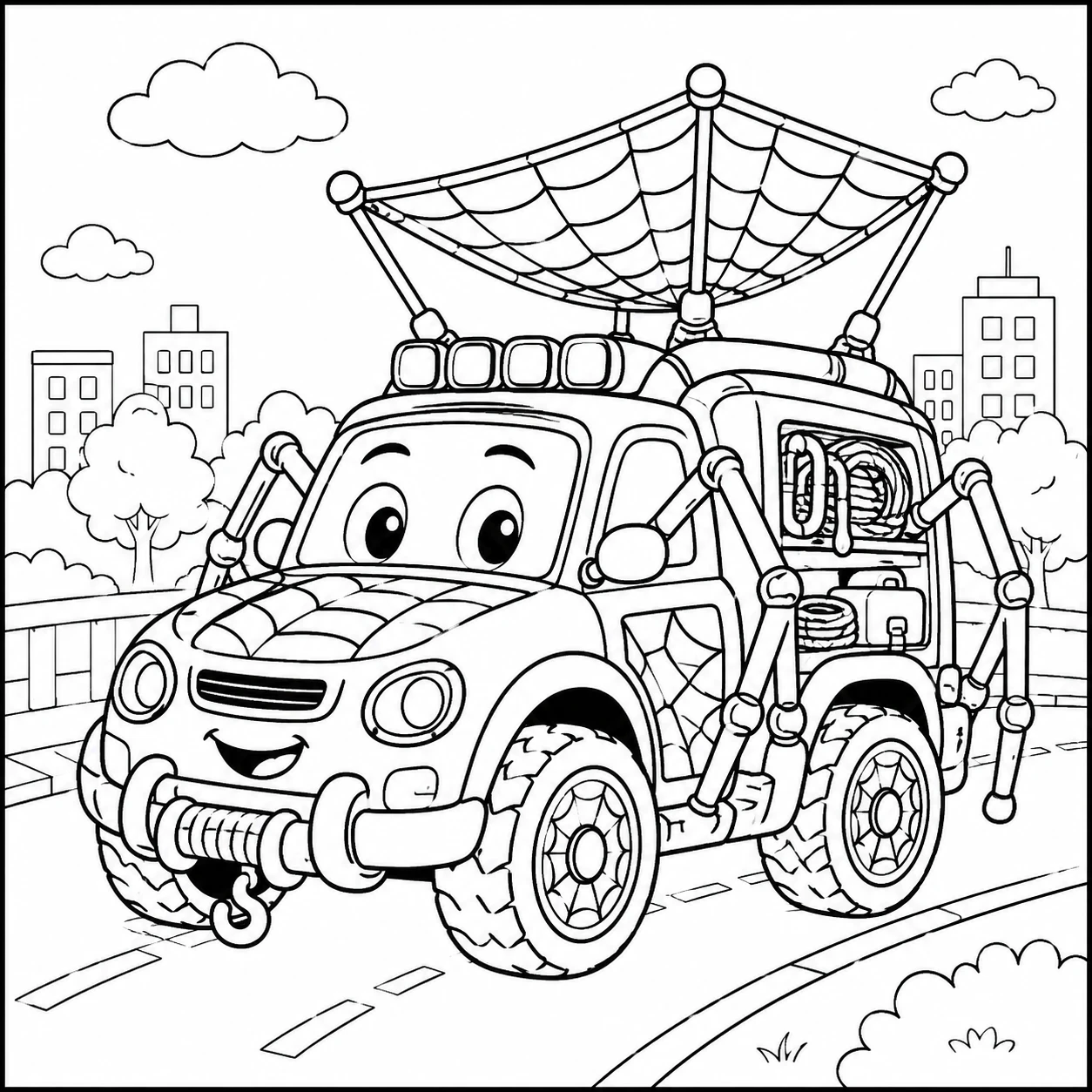 Avontuurlijke auto met een webdak en een speelse rit door een natuurlijke omgeving