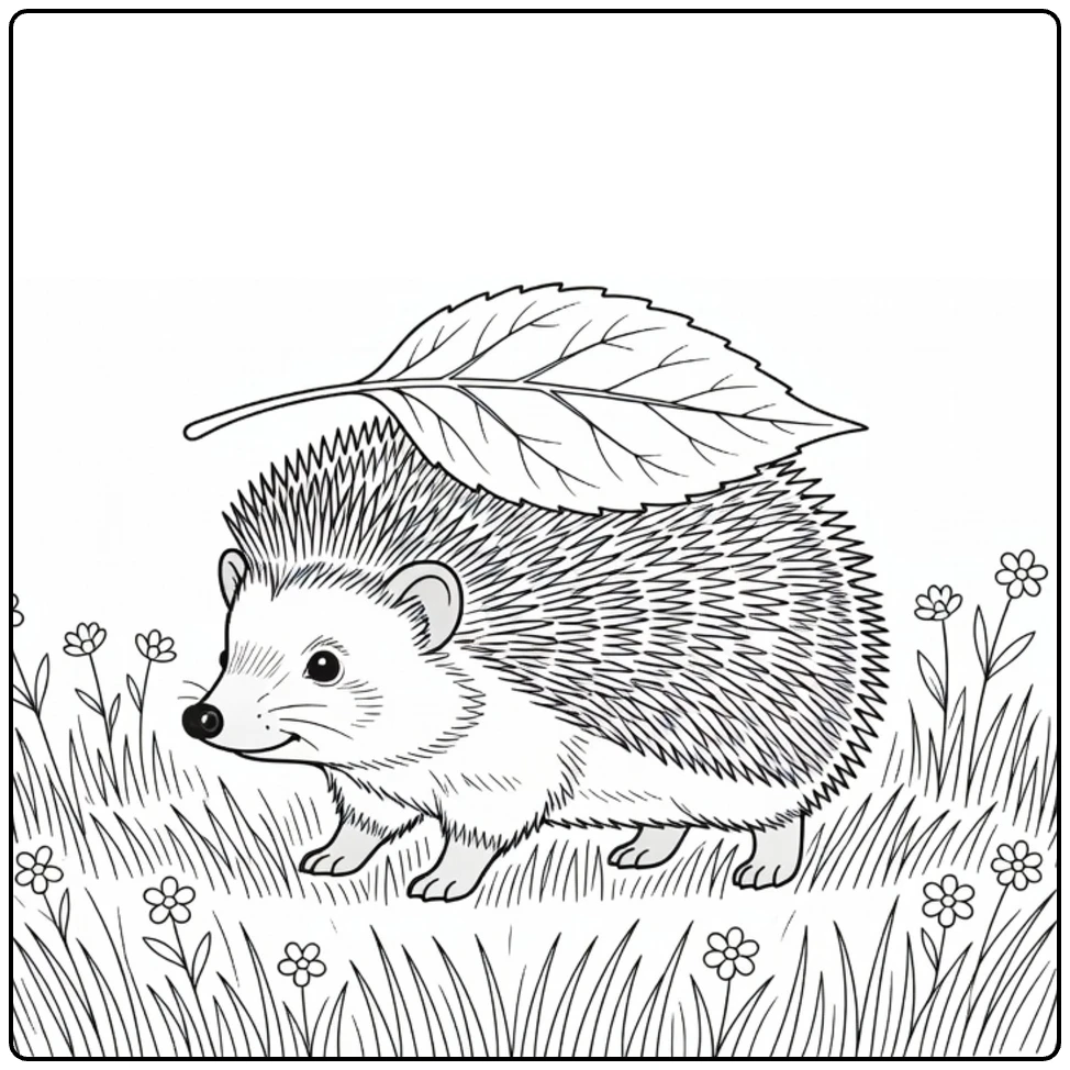 Weide Kleurplaat egel met blad op rug in gras