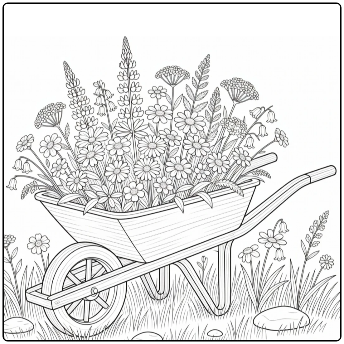 Weide Kleurplaat met houten kruiwagen vol wilde bloemen