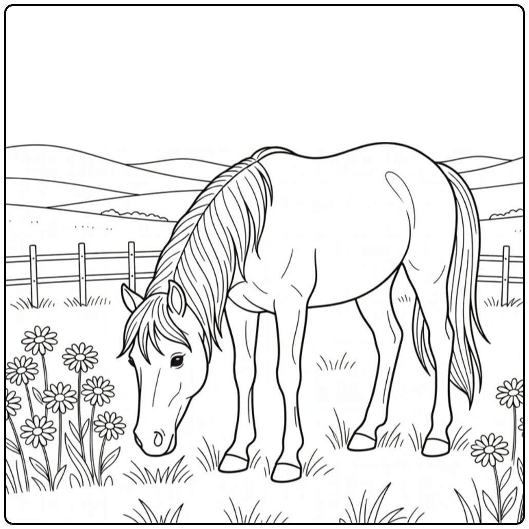 Weide Kleurplaat pony bij madeliefjes en hek