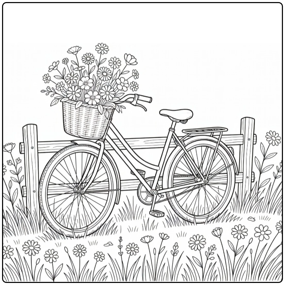 Weide Kleurplaat vintage fiets met bloemenmand tegen hek