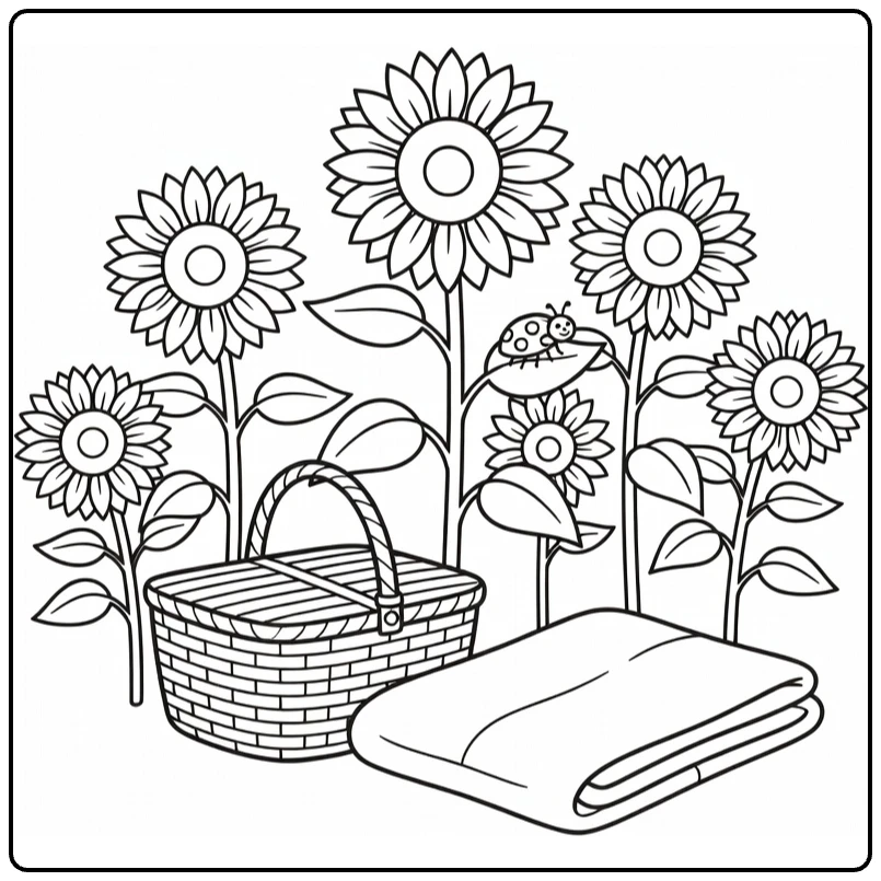 Weide Kleurplaat met picknickmand en zonnebloemen