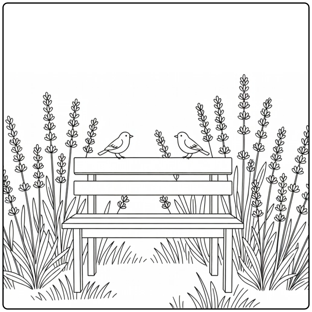 Weide Kleurplaat met houten bank en lavendel vogels
