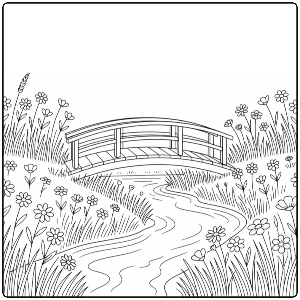 Weide Kleurplaat met brug over smalle beek en bloemen