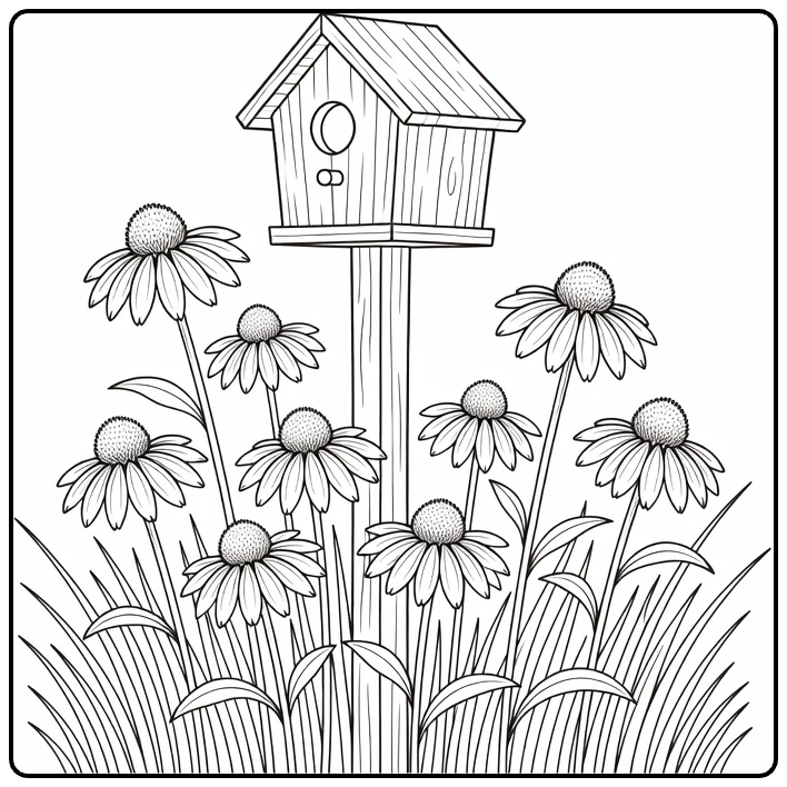 Weide Kleurplaat met vogelhuisje en kegelbloemen