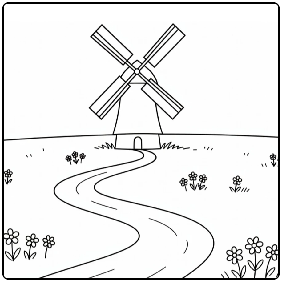 Weide Kleurplaat met windmolen, pad en bloemen