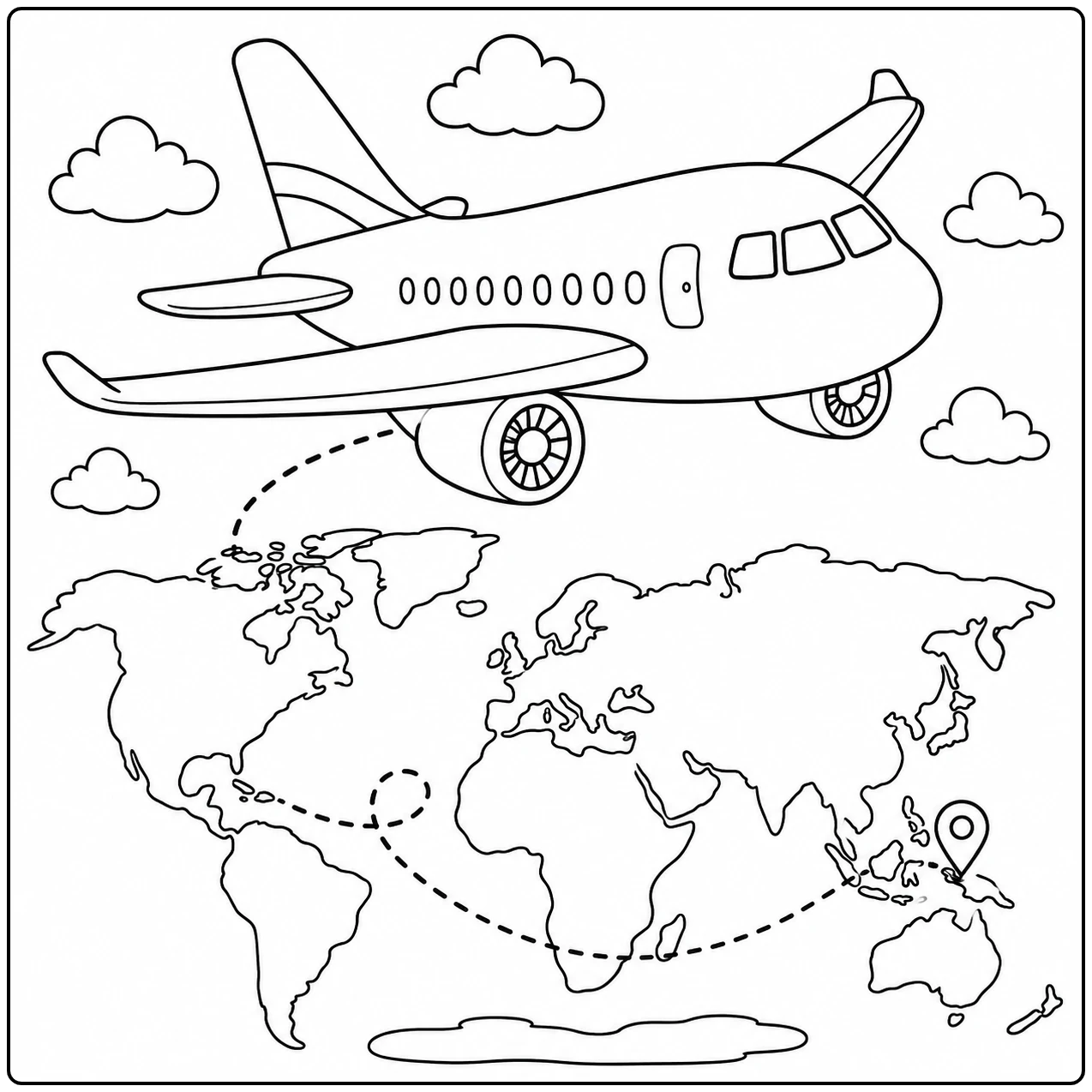 Vliegtuig zweeft boven een wereldkaart met een gestippelde reisroute tussen continenten.