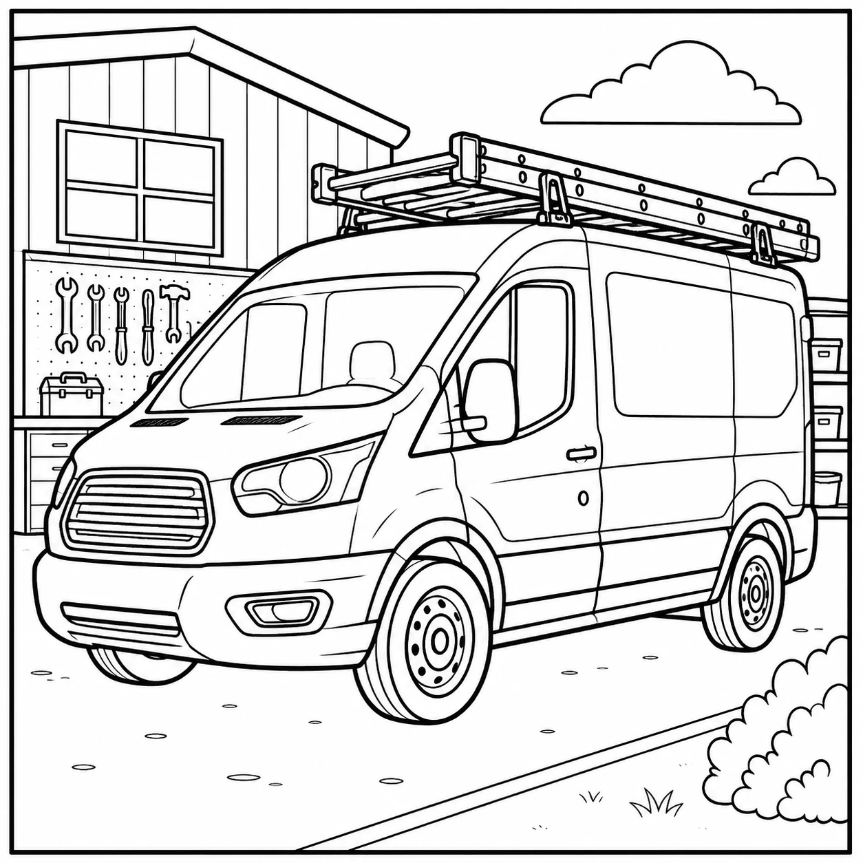 Bestelwagen met ladder op het dak naast een woning en eenvoudige omgeving