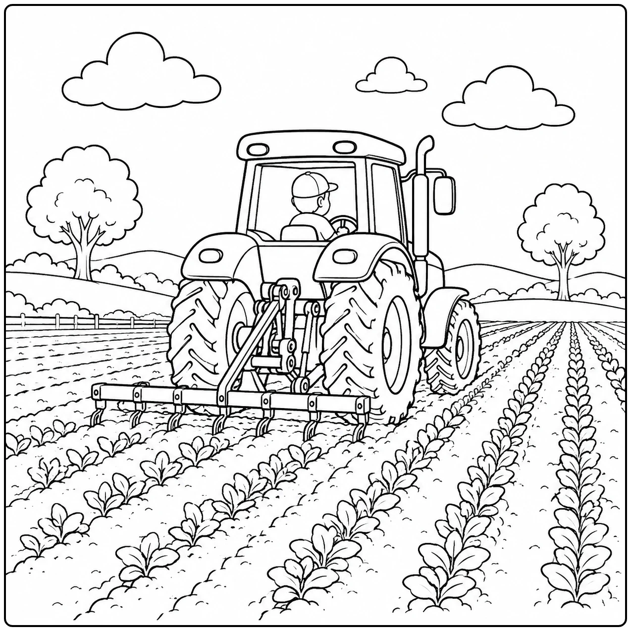 Landbouwtractor van achteren werkt tussen lange gewasrijen met een breed werktuig
