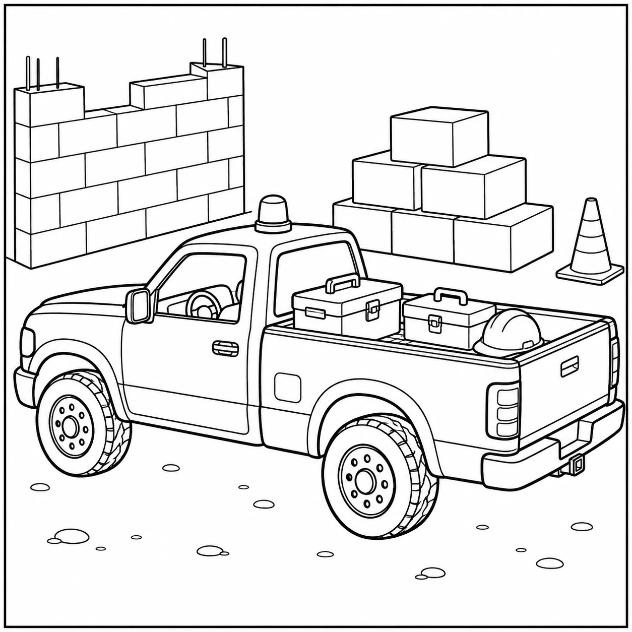 Werkende pick-uptruck met gereedschap bij een bakstenen muur, blokken en een verkeerskegel.