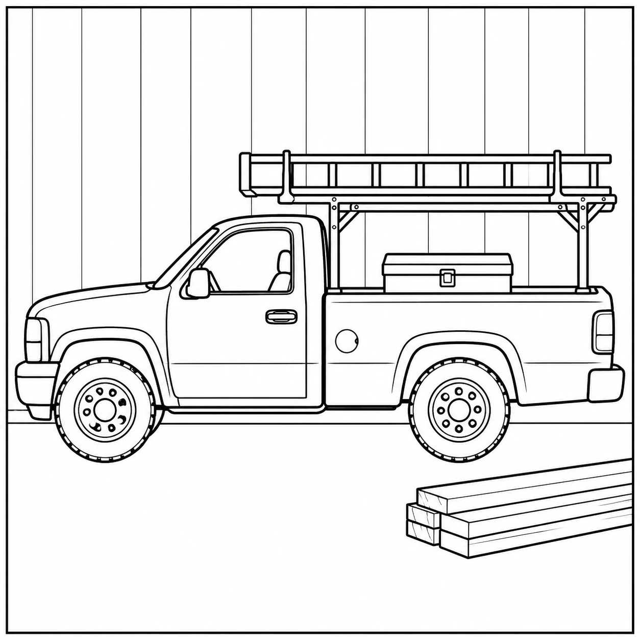 Pick-uptruck met ladderrek en gereedschapskist, geparkeerd in een eenvoudige werkplaats.