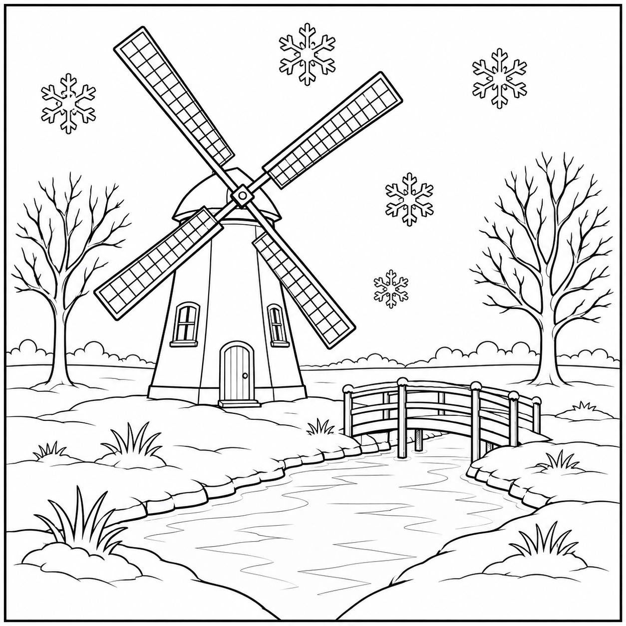 Winterse windmolen staat naast een beek, omringd door kale bomen en sneeuwvlokken