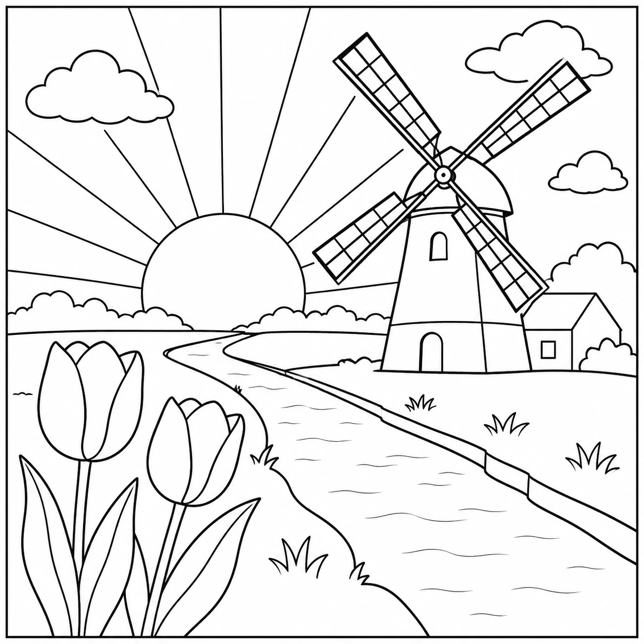 Tulpen en een windmolen bij het water vormen een landelijke kleurplaat zon met lange stralen.