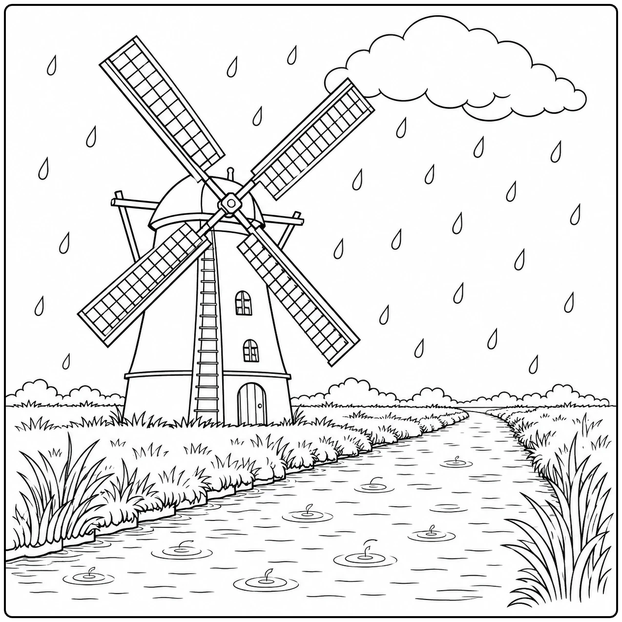 Traditionele windmolen naast een nat pad met plassen en zachte regen uit de wolken