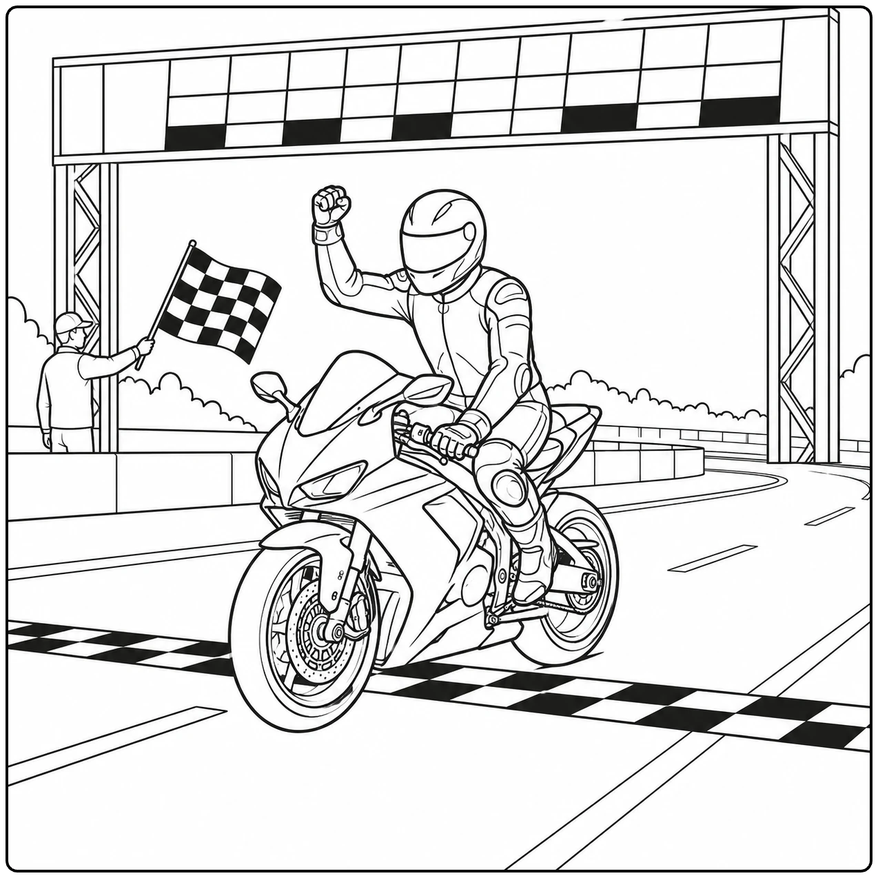 Juichende rijder passeert de finishlijn met een geblokte vlag in een kleurplaat motor kawasaki