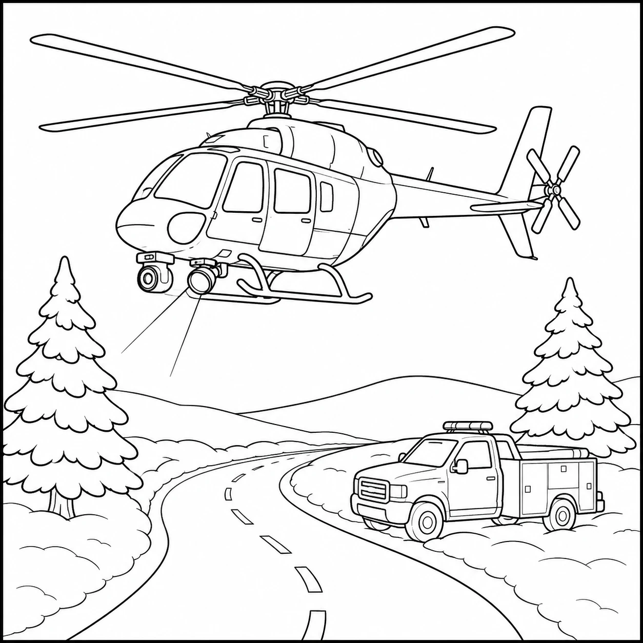 Langs een besneeuwde weg patrouilleert een kleurplaat politie helikopter boven een terreinwagen
