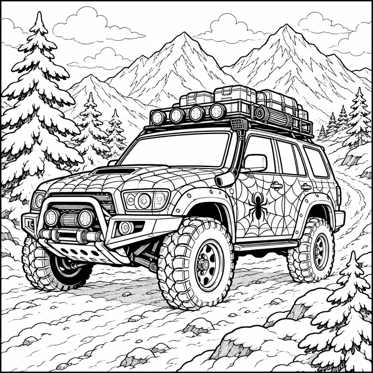 Kleurplaat spiderman auto met een krachtige SUV en avontuurlijke details in een winterse omgeving