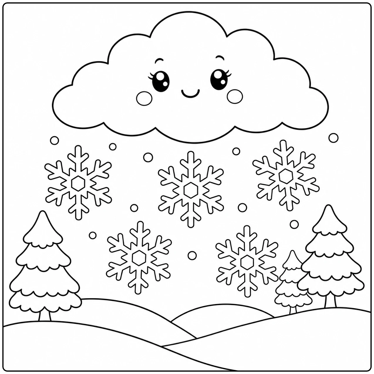 Winterwolk met sneeuwvlokken boven heuvels en dennenbomen in een rustige sneeuwscène
