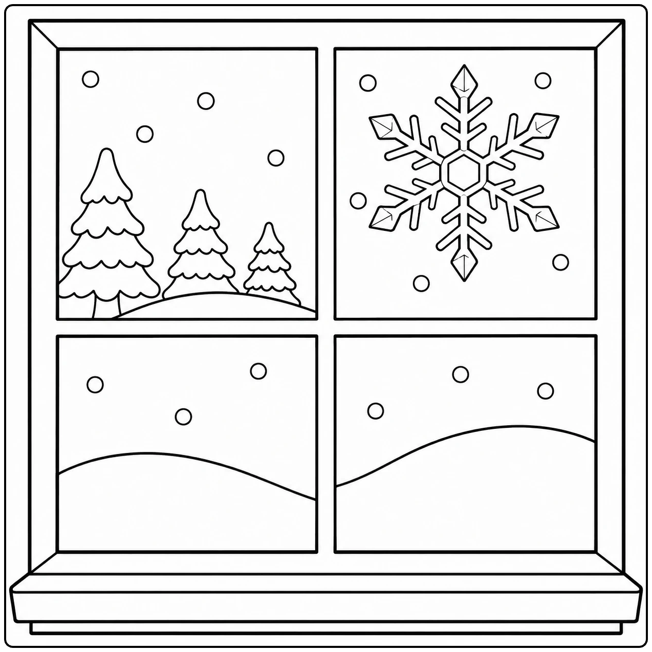 Door het raam verschijnen dennenbomen, heuvels en een sneeuwkristal op deze kleurplaat sneeuw