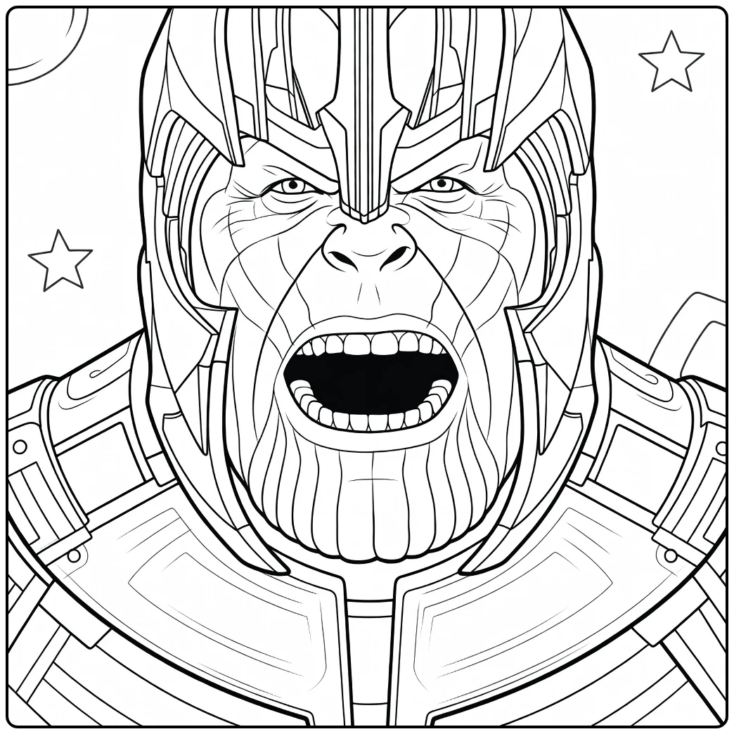 Thanos Kleurplaat van een krijger met gouden helm en woedende blik