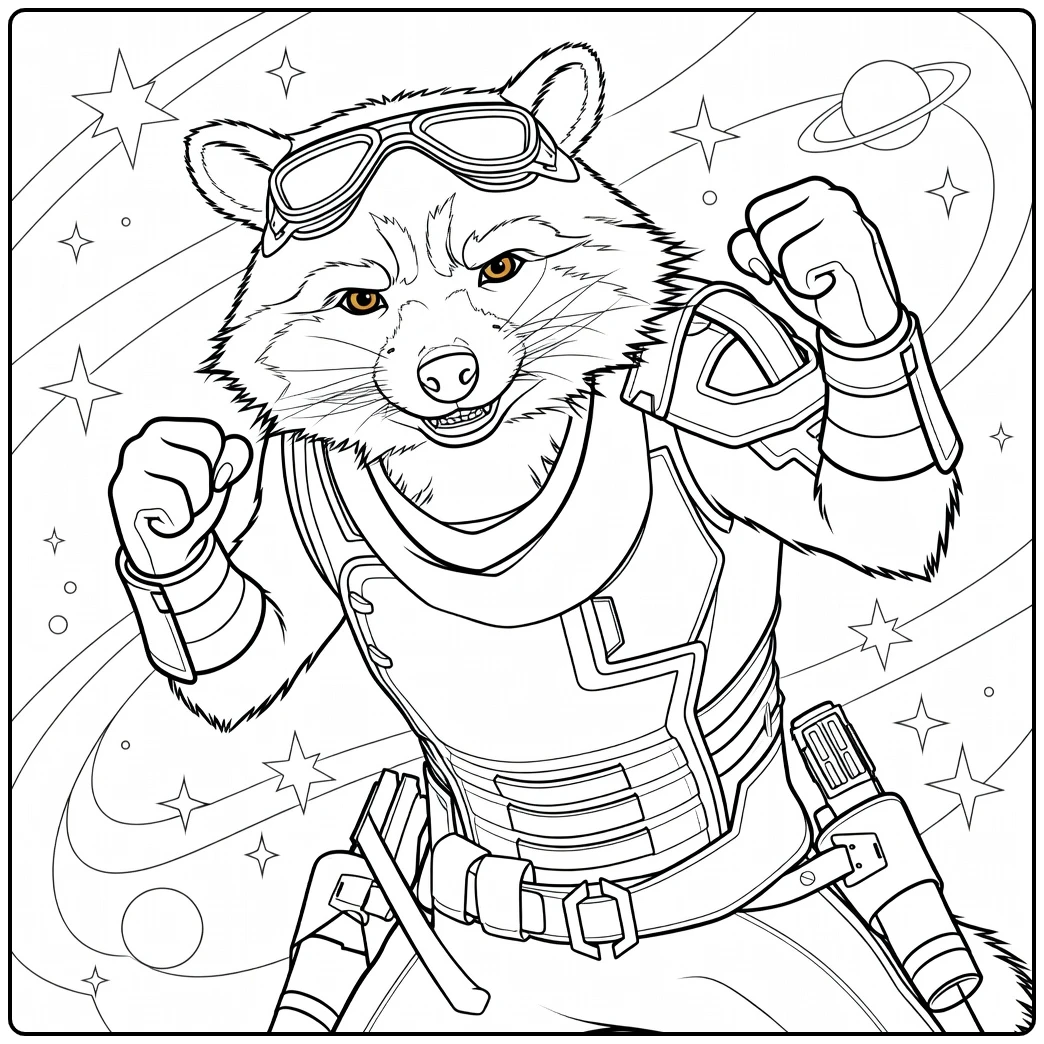 Rocket Raccoon Kleurplaat van een agressieve antropomorfe wasbeer met pantser en vuisten gebald