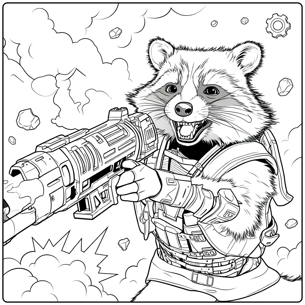 Rocket Raccoon Kleurplaat van een woedende wasbeer in pantser die een groot wapen afvuurt