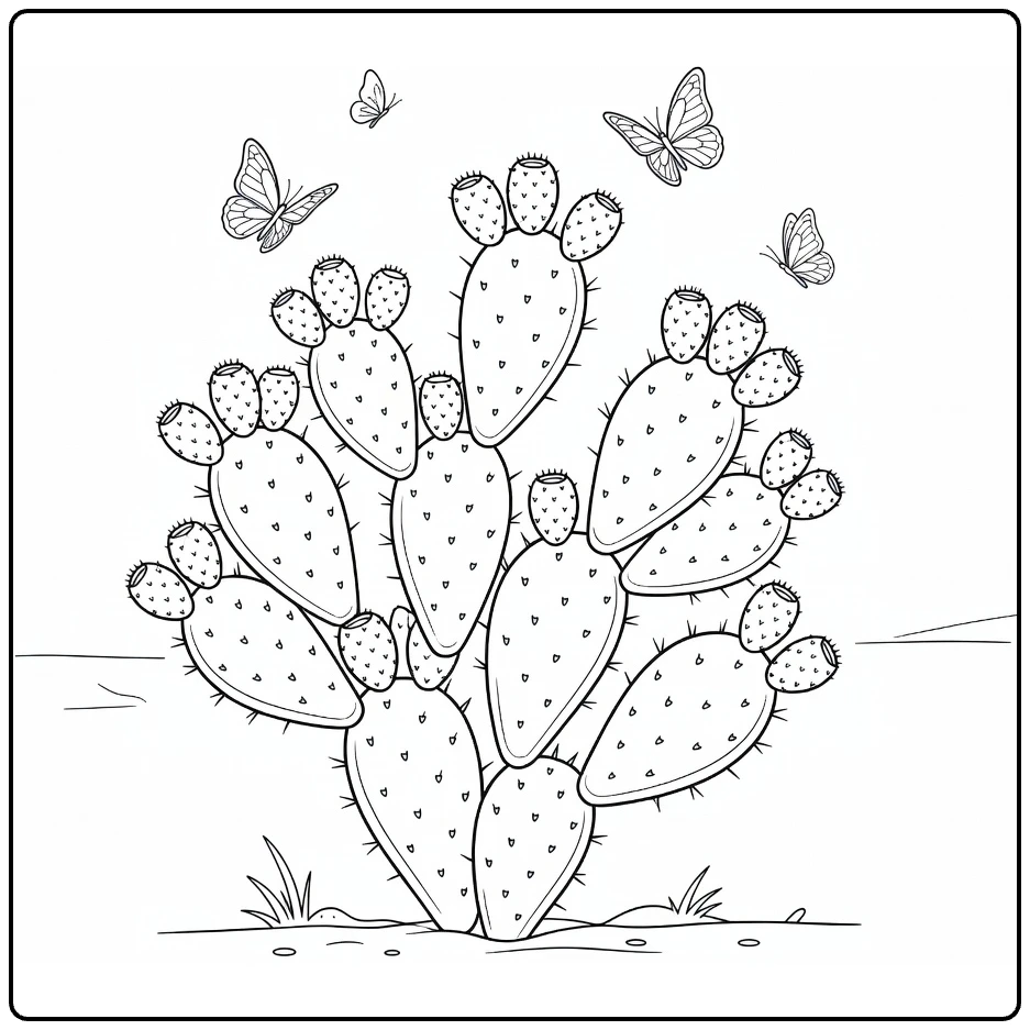 Woestijnplanten Kleurplaat met Vijgcactus en Vlinders