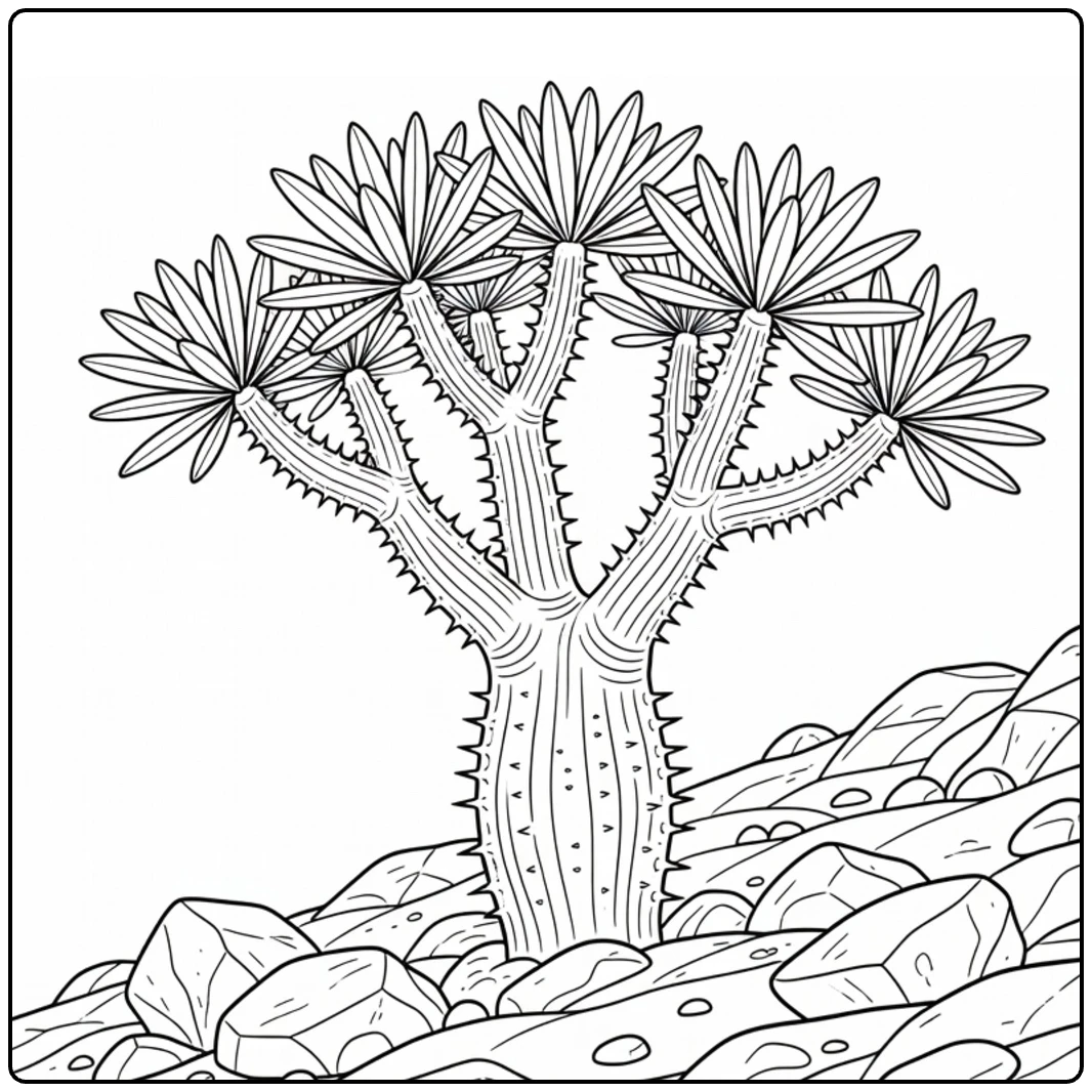 Woestijnplanten Kleurplaat Pachypodium op rotshelling