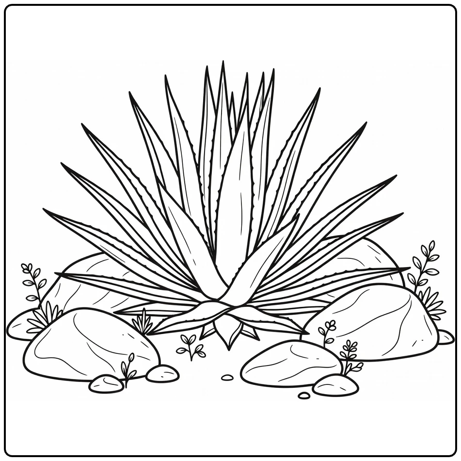 Woestijnplanten Kleurplaat met Agave en woestijnkeien