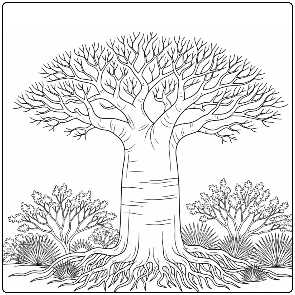 Woestijnplanten Kleurplaat met Baobab en woestijnstruiken