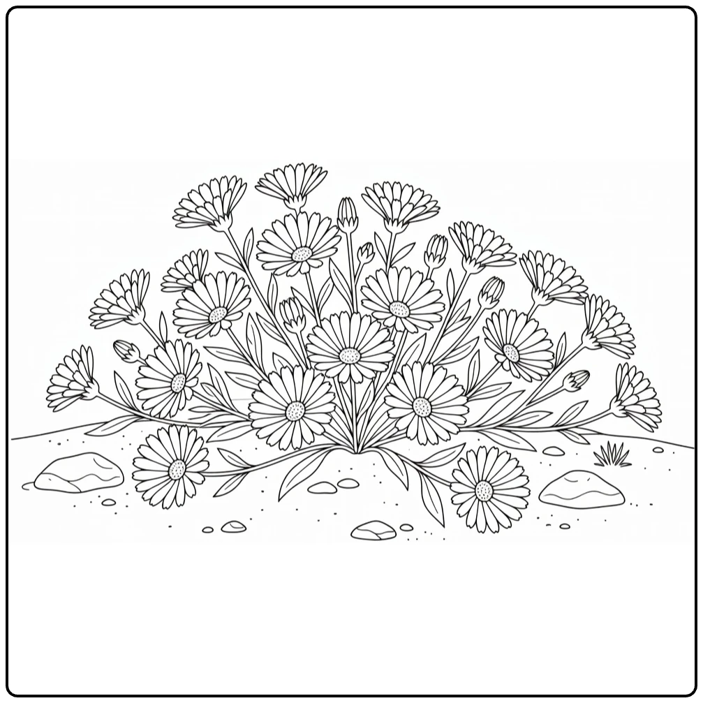 Woestijnplanten Kleurplaat met calendula bloemen op zand