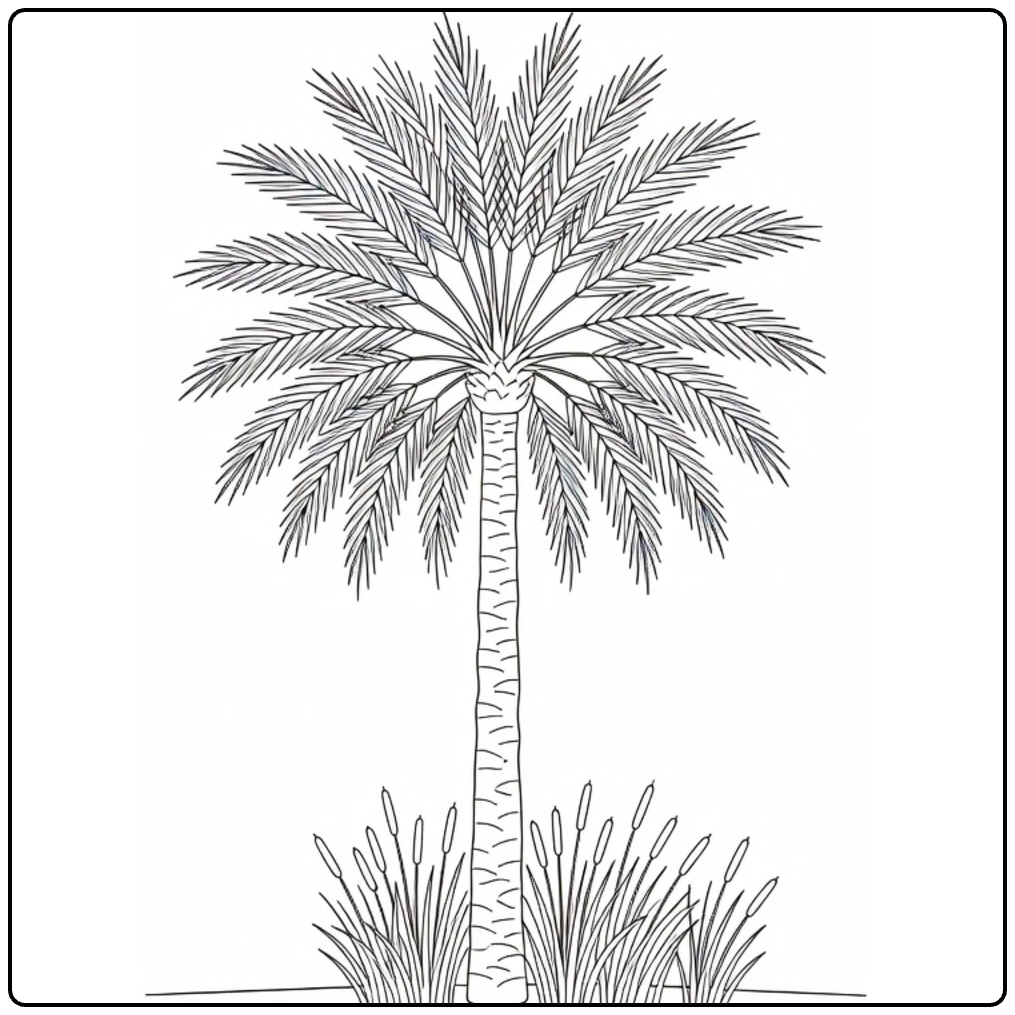 Woestijnplanten Kleurplaat met dadelpalm naast riet bij oase