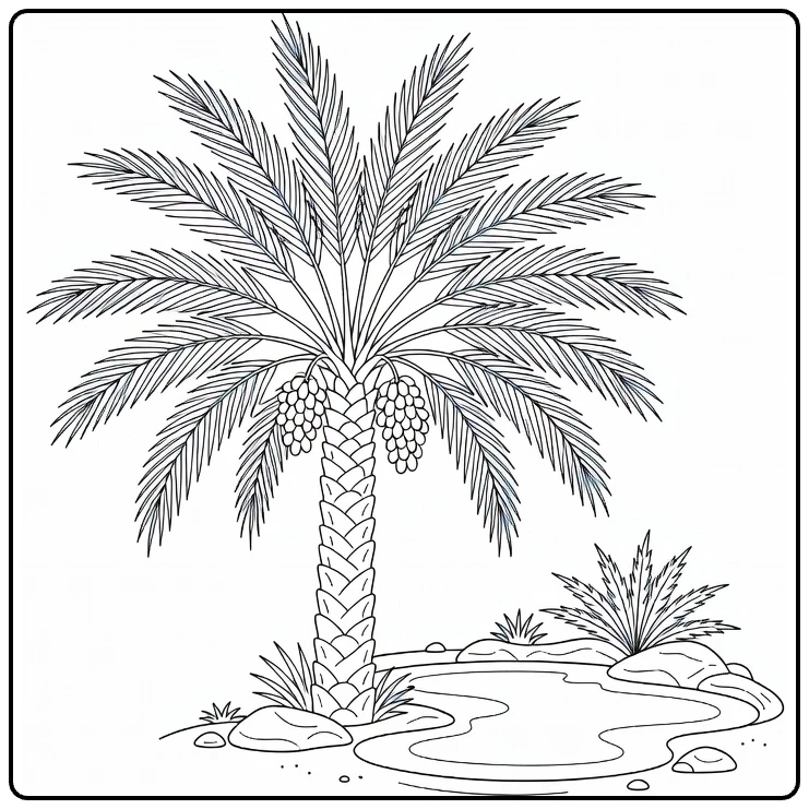 Woestijnplanten Kleurplaat met dadelpalm en oase