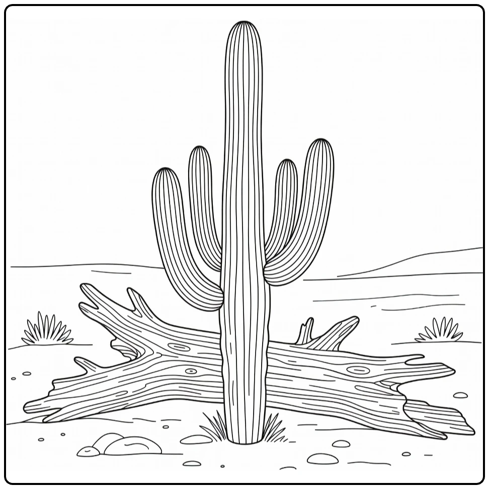 Woestijnplanten Kleurplaat met Saguaro cactus en woestijnstam