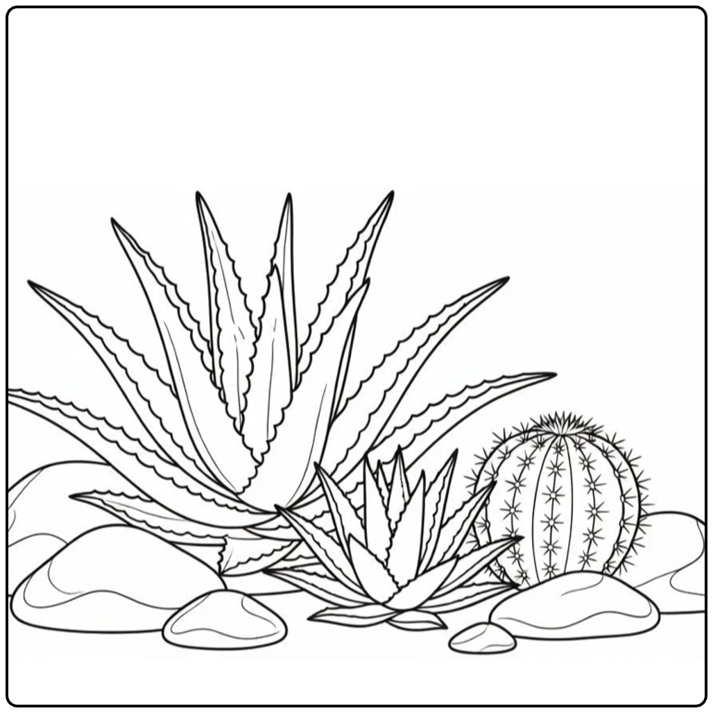 Woestijnplanten Kleurplaat met Aloe Vera en cactus