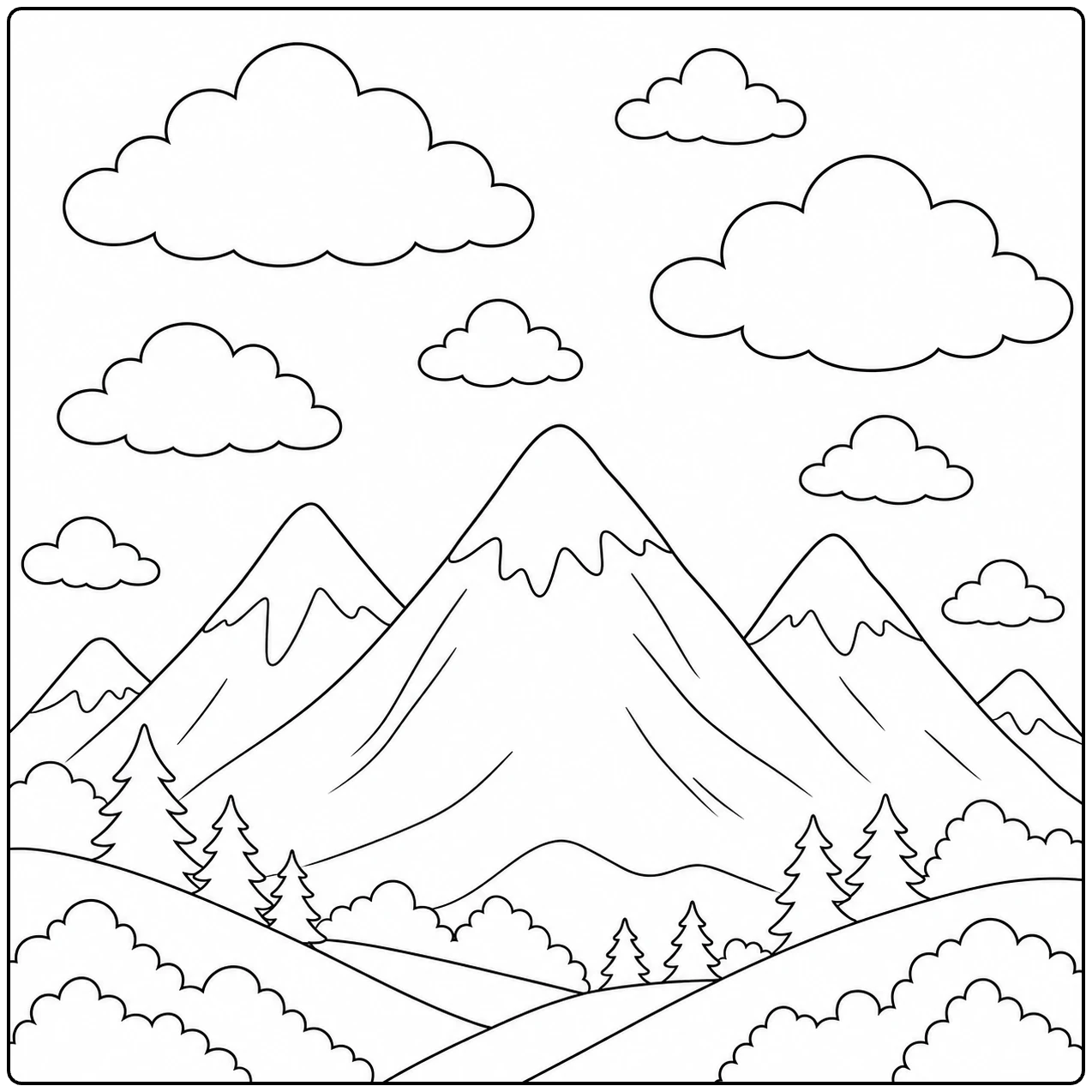 Berglandschap met meerdere ronde wolken boven pieken en dennen, geschikt als Wolken Kleurplaat