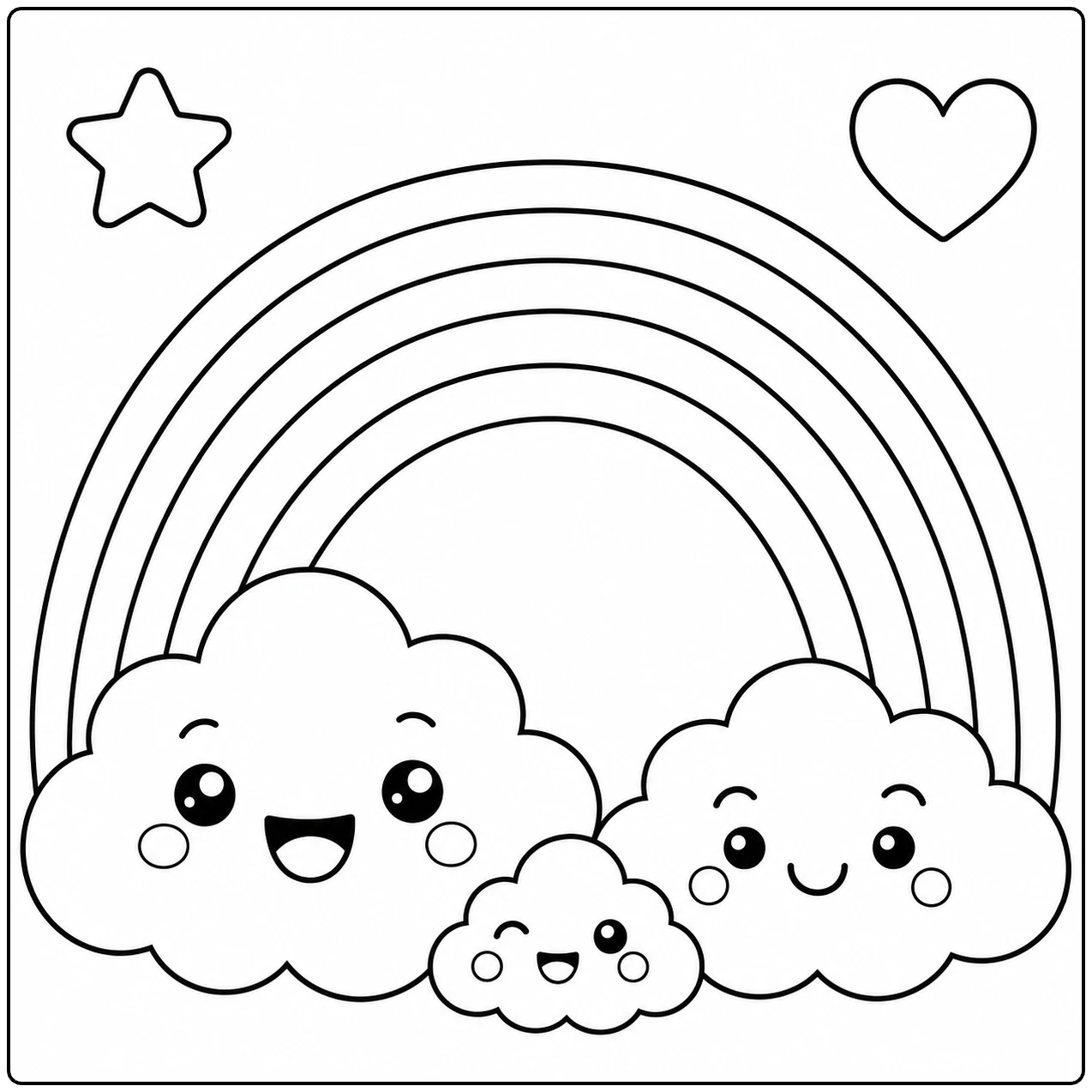 Drie schattige wolkjes onder een regenboog, met een ster en een hart in de hoeken