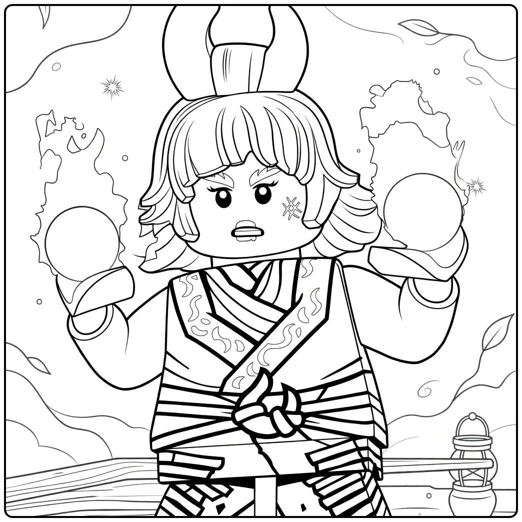 Wyldfyre ninjago kleurplaat van een figuur met hoorns en opgeheven handen die energie uitstraalt