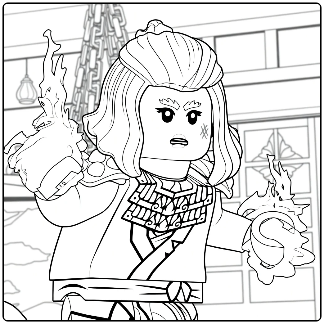 Wyldfyre ninjago kleurplaat met een figuur die orbs vasthoudt en een intense blik