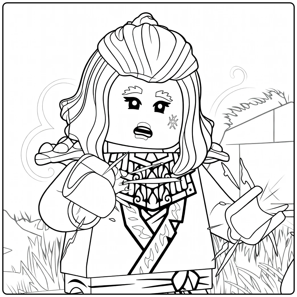 Lijntekening van Wyldfyre ninjago kleurplaat met rode haren in knot en armen omhoog