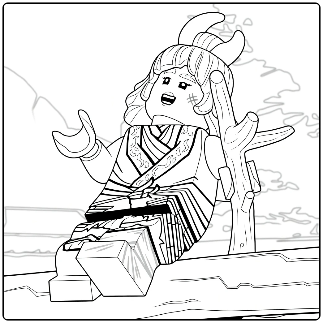 Wyldfyre ninjago kleurplaat van een figuur met rode haren en hoorns die zittend één arm opheft naast een tak
