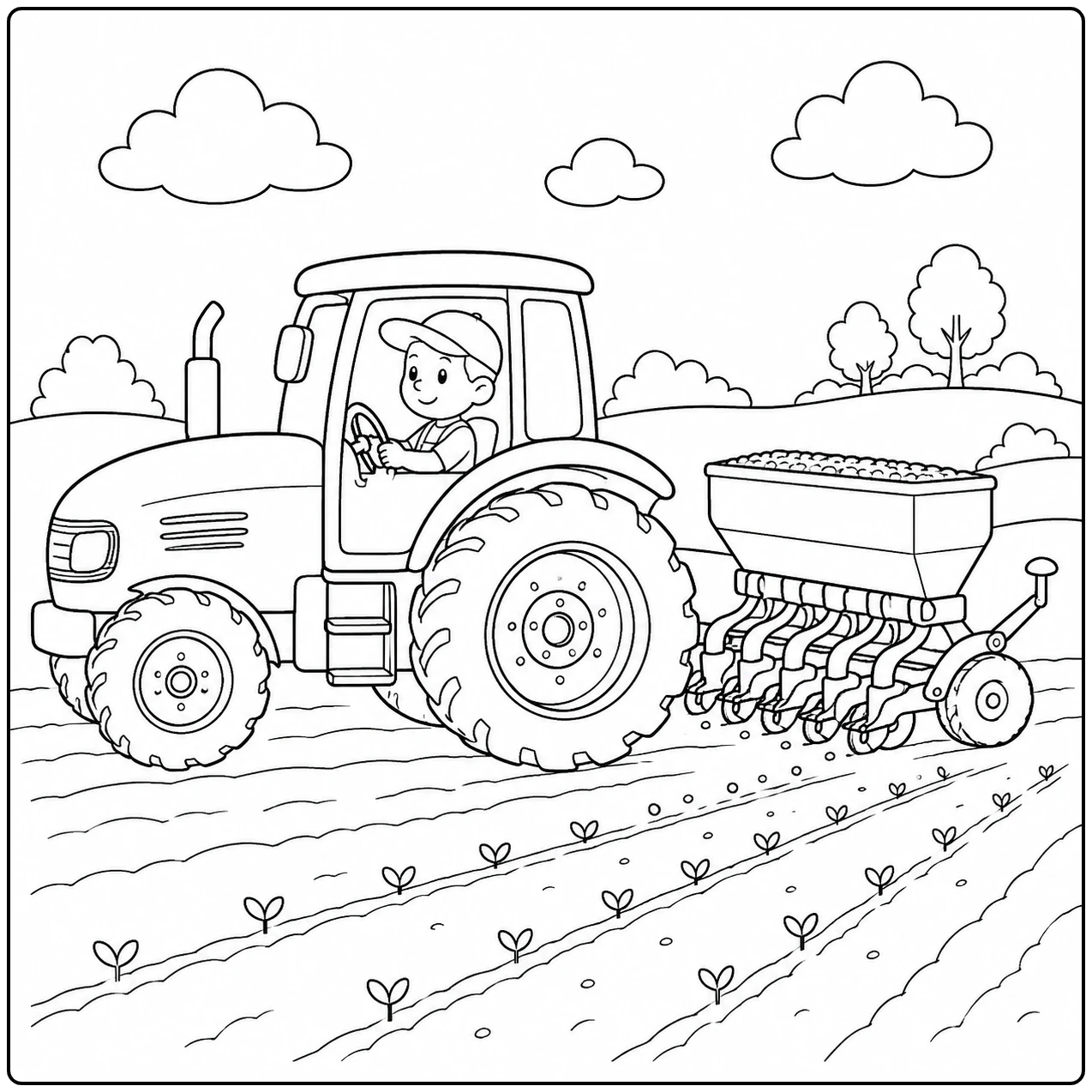 Boer rijdt met een tractor en zaaimachine langs jonge plantjes in rechte rijen