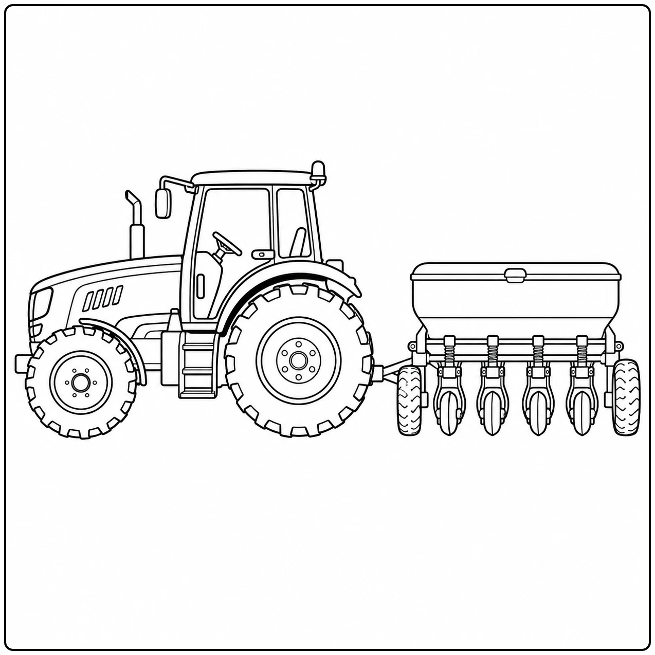 Een zaaimachine met meerdere zaai-elementen volgt de tractor in deze Trekker kleurplaat met aanhangers en landbouwwerktuigen