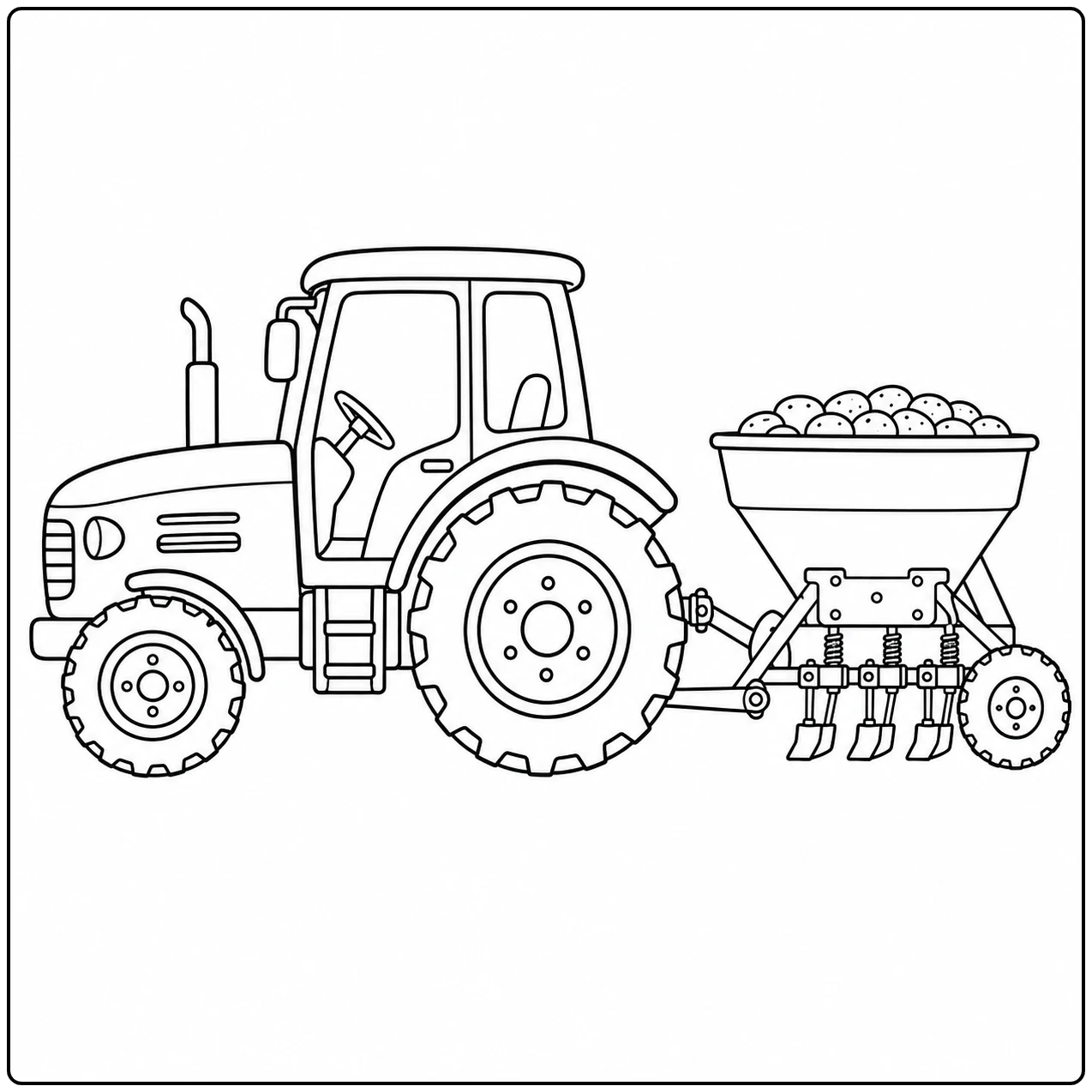 Landbouwtractor trekt een zaaimachine met gevulde bak en meerdere schijven achter de grote wielen